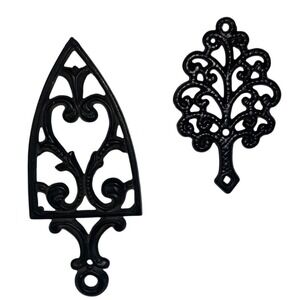 Vintage 1948 JZH Cast Iron Trivet Set Heart Scroll & Tree of Life Black 2pc